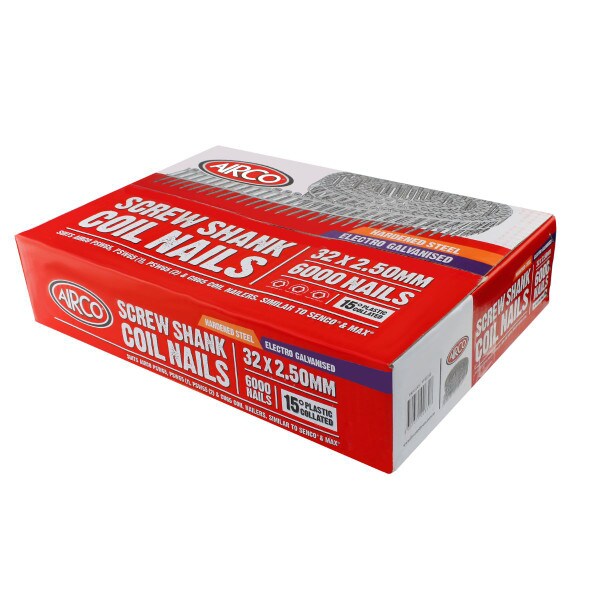 Airco Coil Nail Plastic Collated 32x2.5mm, Screw Shank, Electro Galv, Hardened Box
